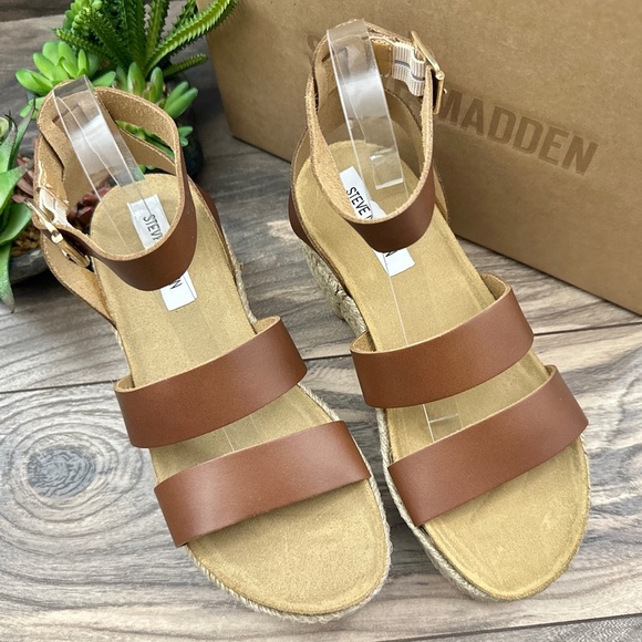 NIB Steve Madden Kelton Espadrille Platform Ankle Strap Sandal Cognac Leather - Picture 3 of 13